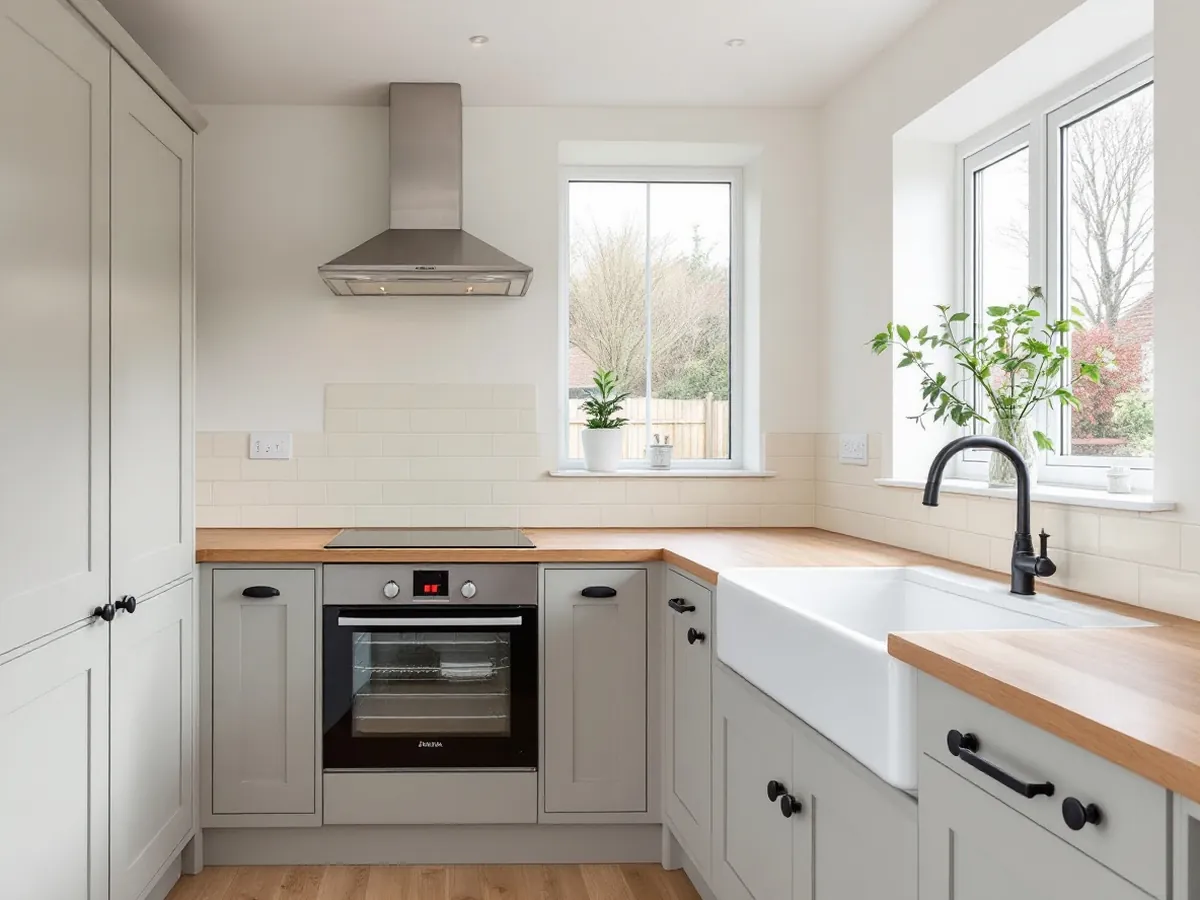 Refurbished kitchen with putty-grey shaker doors and an oak worktop