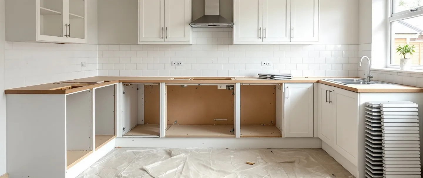 Kitchen cabinets with the old doors removed, ready for new fronts