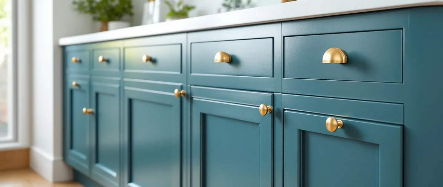 Newly fitted teal shaker kitchen doors with brushed brass handles