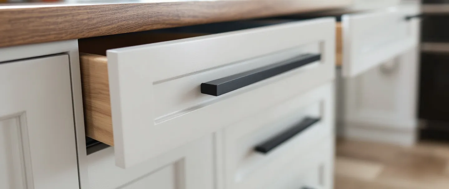 New painted drawer fronts with black bar handles under a wood worktop
