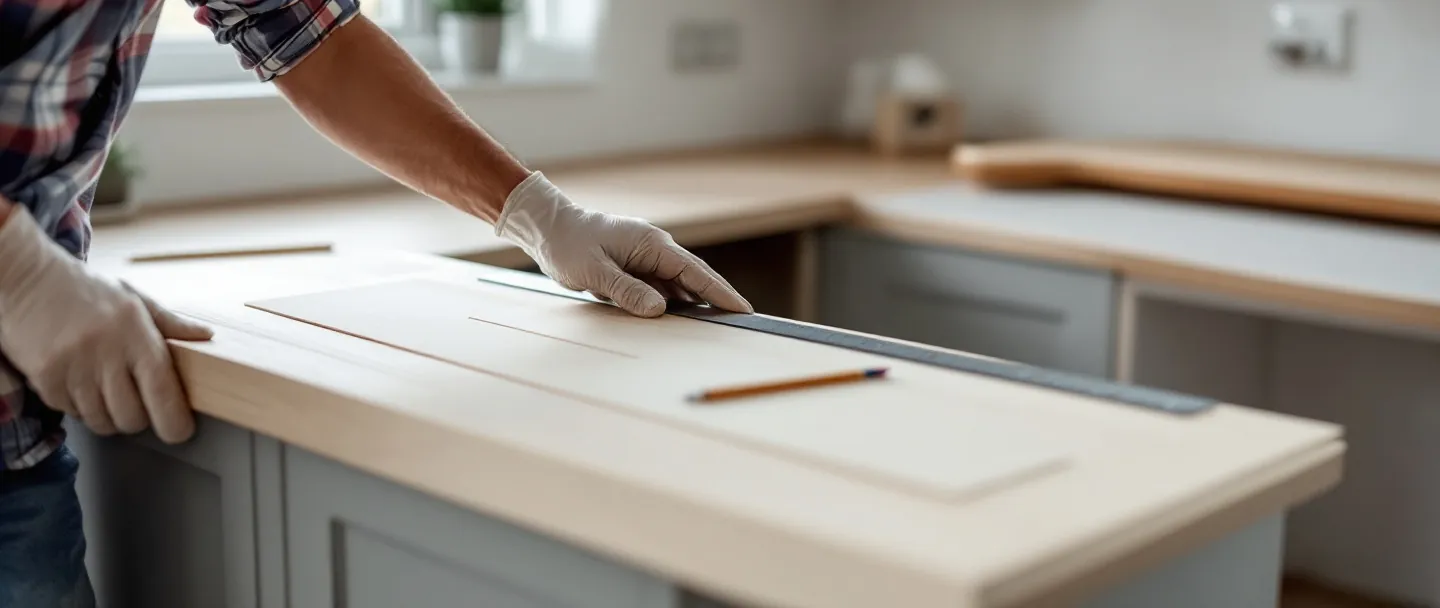 Worktop template laid along a run of kitchen units